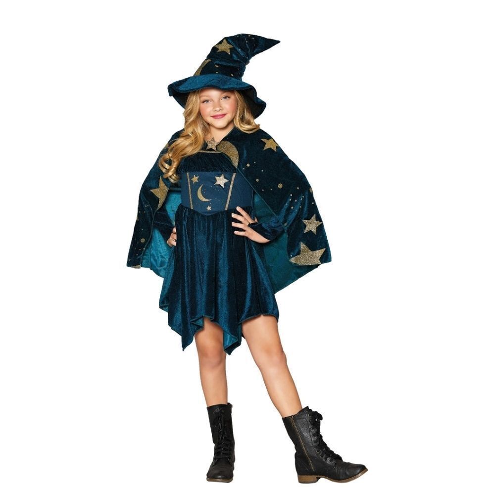 Blue and Gold Witch Costume with Flared Dress and Short Cape